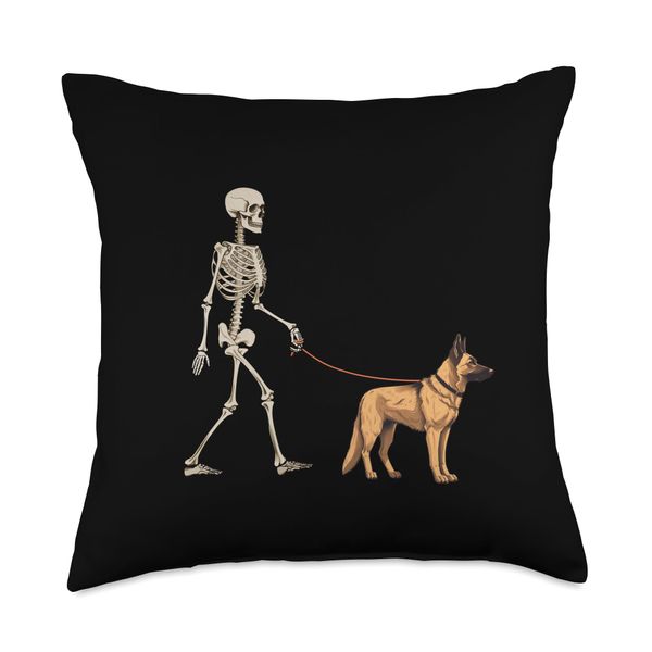 Funny German Shepherd Skeleton Dog Walking Halloween Throw Pillow
