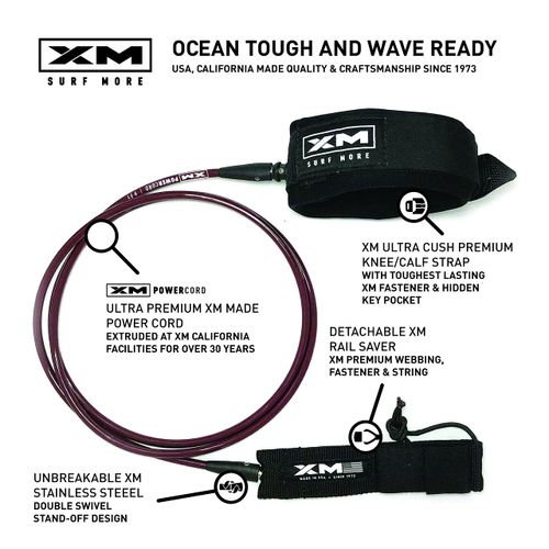 XM SURF MORE Knee/Calf Surfboard Leash 12ft., Regular Cord Thickness (.270 in.), Choose Length and Color, Key Pocket, Unbreakable Swivels, Detachable Railsaver, Made in USA
