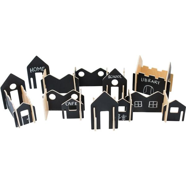 THE FRECKLED FROG Happy Architect - Create 'N’ Play - Set of 28 - Ages 2+ - Wooden Blocks for Preschoolers and Elementary Aged Kids - Construct Buildings, Towns and Cities - Blackboard Surfaces