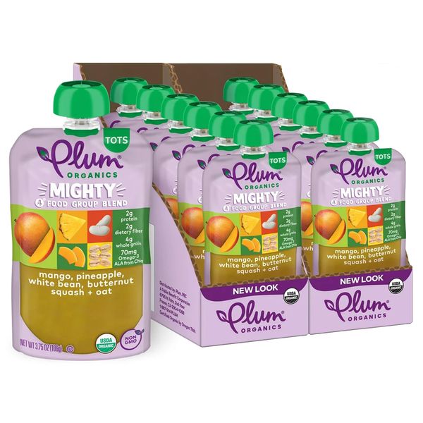 Plum Organics Mighty 4 Organic Toddler Food - Mango, Pineapple, White Bean, Butternut Squash, and Oat - 3.75 oz Pouch (Pack of 12) - Organic Fruit and Vegetable Toddler Food Pouch