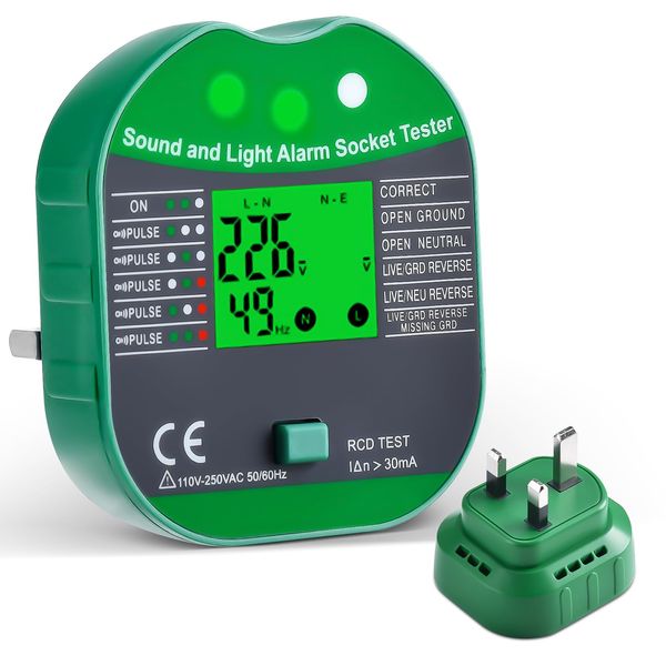 Socket Tester,Socket Tester UK with LCD Display for Neutral/Active/Ground/RCD Testing,110-250V Power Outlet,Plug Circuit Breaker Finder,Includes 5 Visual Indications and Wiring Example (st-2)