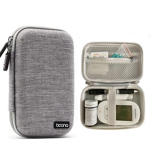 Hard Shell Diabetic Supplies Bag Carrying Case Organizer For Diabetes Testing Kit, Blood Glucose Monitor Kit with Meter, Blood Sugar Test Strips, Lancets, Lancing Device, Alcohol Wipe (A-Gray, Small)