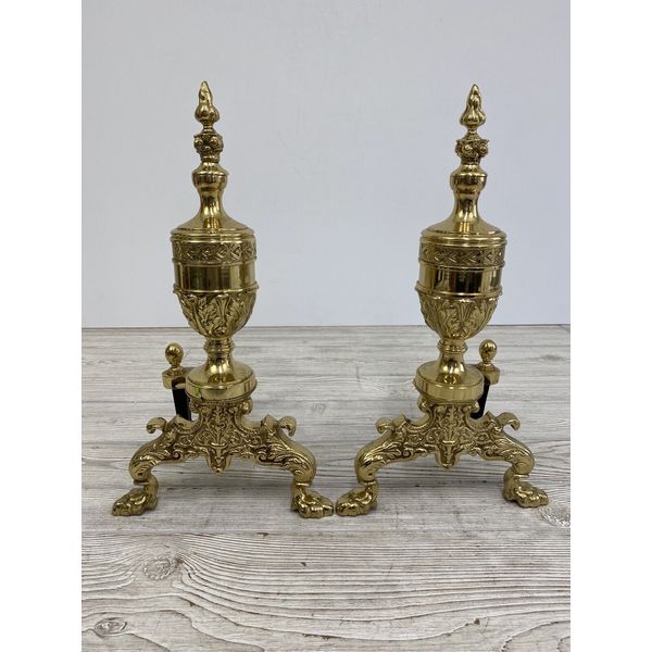 PAIR VTG BRASS ORNATE FIREPLACE ANDIRONS NEOCLASSIC STYLE CLAWFOOT DESIGN /rw