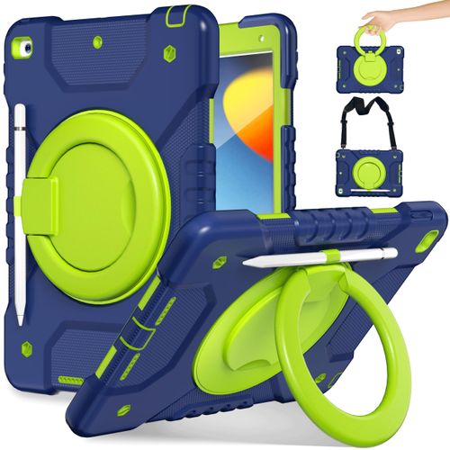 Andnary Case for iPad 9th/8th/7th Generation 10.2 inch, Heavy Duty Shockproof Cover with 360° Rotating Handle/Bracket/Pen Holder/Shoulder Strap, Kid Case for iPad 2021/2020/2019, Navy+Green