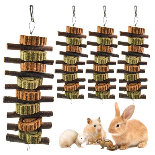 MUYG Rabbit Chew Toy,Bunny Chew Toys for Teeth Grinding,Natural Apple Branch Teething Sticks with Hay Grass Cake Improve Dental Health Bunny Hanging Chew Toys for Rabbits,Chinchillas,Hamster (4 Pcs)