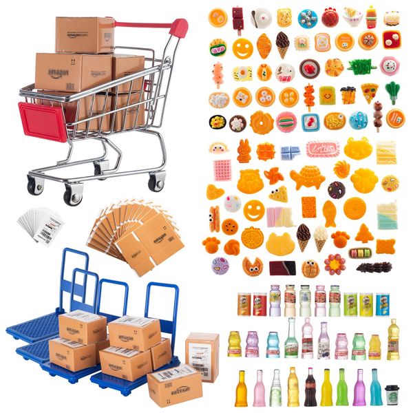 Vawuz 175PCS Miniature Courier Box Set Shopping Mall Shipping Boxes Mini Supermarket Handcart Models 1:12 Food Drink Bottles Cans Dollhouse Pretend Play Kitchen Game Party Accessories Toys Doll House