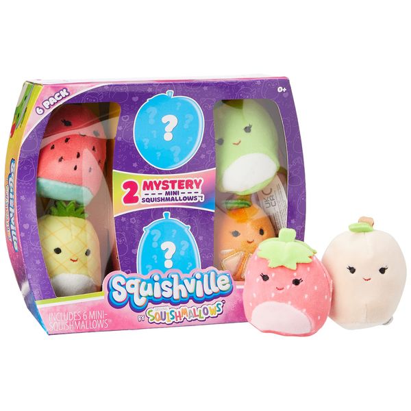 Squishville by Squishmallows SQM0068 Mystery Squad, Six 2 Minimallow Plush, Irresistibly Soft Colourful Fruits, Mini Peach, Pineapple, and Watermelon Squishmallows