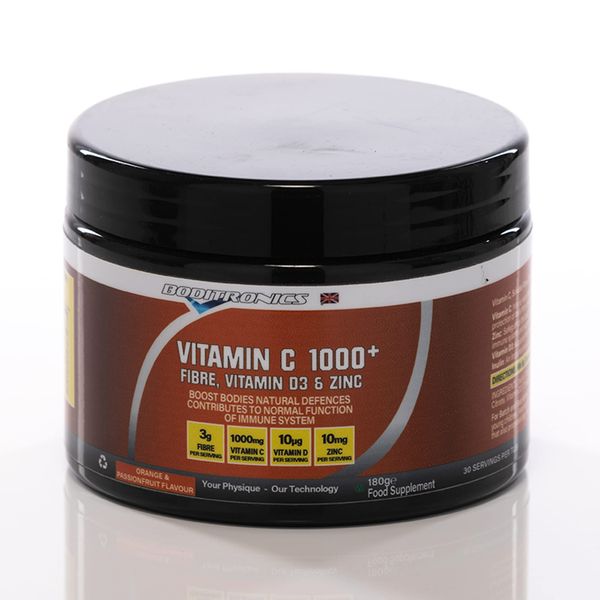 Boditronics Vitamin C 1000+ Fibre, Vitamin D3 & Zinc (180g Tub - 30 Servings) (Orange & Passionfruit)