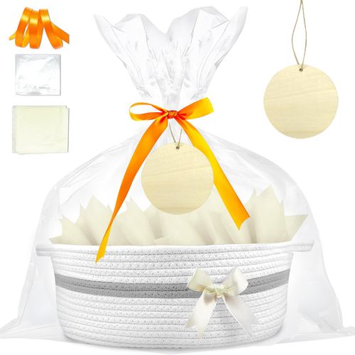 Amgkonp Baskets for Gifts Empty,Small Cute Woven Basket with Gift Bag and Ribbon and Wrap Tissue Paper,Dog Toy Baskets Organizer for Pets,Gift Basket with Handle13‘’x10"x5",Grey & White