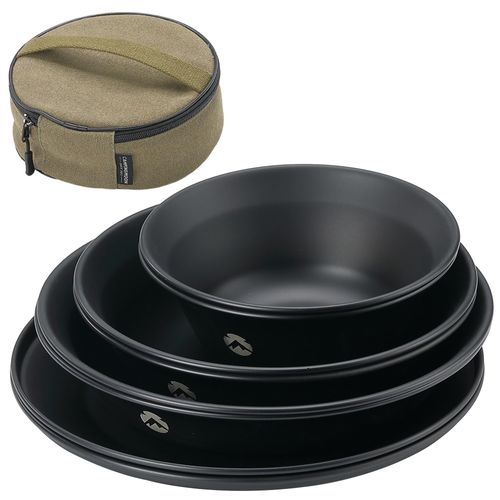 CAMPING MOON BKS395-2S Tableware, Camping Plate, Stainless Steel Tableware Set, 8 Pieces, with Canvas Case, Black Gear