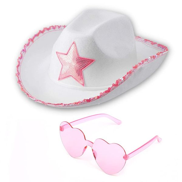 Funcredible White Cowboy Hat and Glasses - Preppy Cowgirl Hat with Star - Sparkly Cowboy Hat - Cowgirl Outfit Accessories for Women and Girls