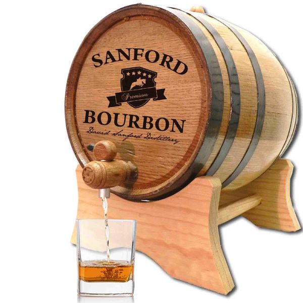 Thousand Oaks Barrel Co. Personalized 2 Liter Oak Aging Barrel with Wood Stand, Bung & Spigot - Age Cocktails, Bourbon, Whisky, Rum, Tequila, Mead Wine - 2L Mini Bourbon Whiskey Aging Barrels (B400)