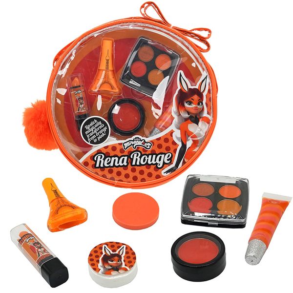 Miraculous Ladybug Kids Makeup Set - 10 Piece Bag with Nail Polish, Hair Chalk, Stickers & More - Safe, Non-Toxic Pretend Play Cosmetics - Rena Rouge Themed Makeup Kit for Children