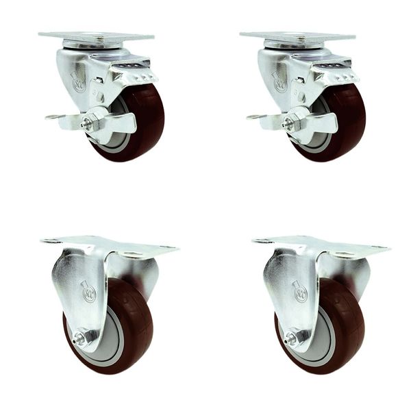 Tool Box Caster Wheel Set – 3.5 Inch Maroon Polyurethane Swivel Casters – SCC