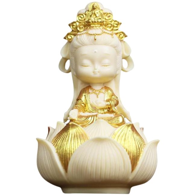 Umora Mini Cute Kwan-yin Statue Figurine, Decorative Feng Shui Buddha Statue, Amulet, Good Luck, Praying, Coco Palm Fruit, Guanyin Gift, Buddhist Altar, Box Included (Gold Outline and Base Included)