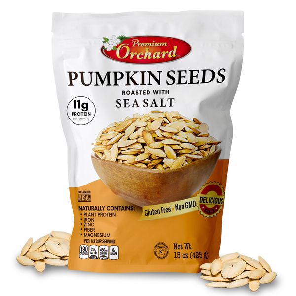 ROASTED PUMPKIN SEEDS to Eat in Shell by Premium Orchards MIXED NUTS - Salted with Sea Salt - Non-GMO Vegan Fresh Healthy Snacks/ - Great source of Plant Protein, Zinc, Magnesium & Iron - 1 Bag