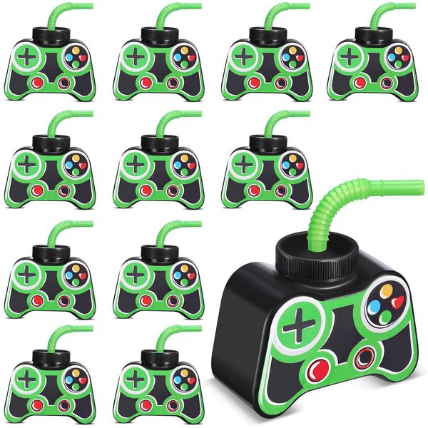 Mifoci 12 Pcs Plastic Video Gaming Party Favor Gift Supplies Cups with Straw and Lid,10oz Gamer Birthday Party Video Game Shape Drink Cups for Boy Video Game Party (Green)