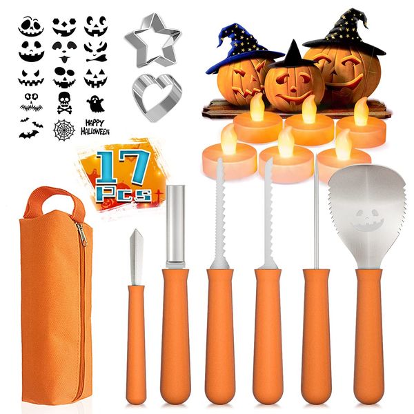 HOPEMATE 17 PCS Pumpkin Carving Kit for Kids&Adults with Witch Hats LED Candles Stainless Molds Pumpkin Carving Cutting Knife Set