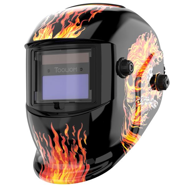 TOOLIOM 1/1/1/2 Auto Darkening Welding Helmet True Color Solar Powered Welding Helmet with Adjustable Shade for TIG MIG ARC Flaming Skull Design