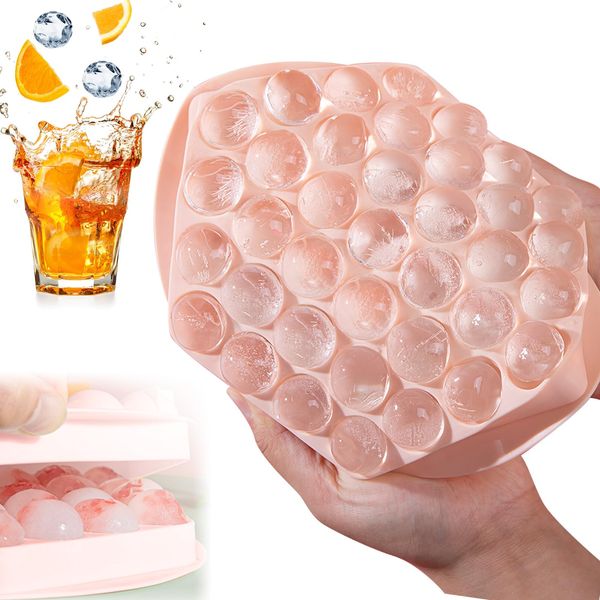 Eiskugelform Silikon Eiswürfelform mit Deckel, 37-Fach Eiskugelform BPA-Frei Eiswürfelbehälter Mit Ablaufloch, Ice Cube Tray Eiswürfel Kugel Für Getränke, Whisky, DIY, Fruchteiswürfel, Rosa