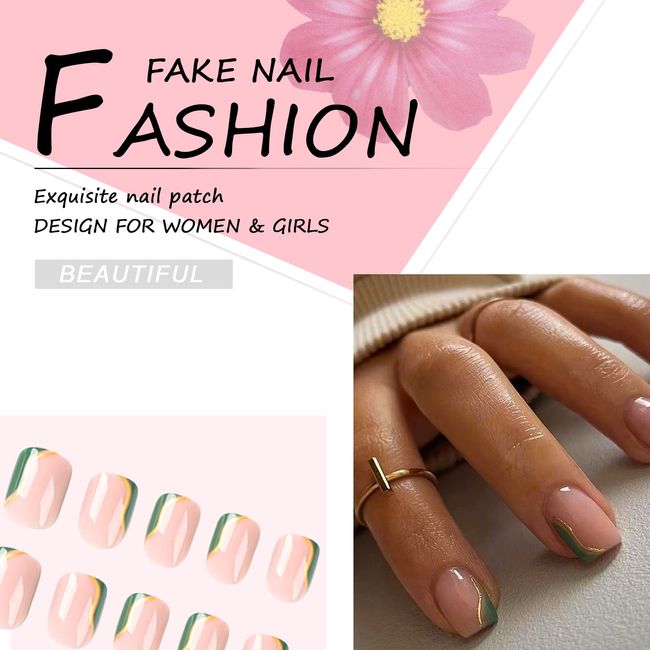 French Glitter Lines False Nail Short Square Press on Nails for Nails Art  24pcs