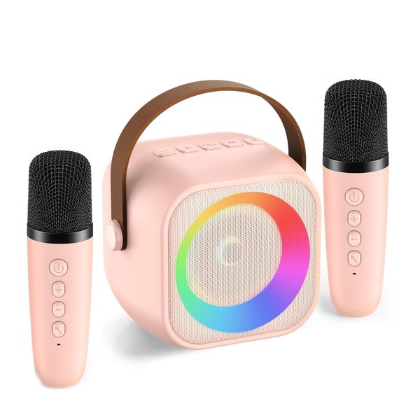 Karaoke Machine for Kids Adults, Mini Portable Bluetooth Karaoke Speaker with 2 Wireless Microphone and Lights, Birthday Gifts for Girls Ages 4, 5, 6, 7, 8, 9, 10, 12+ Family Home Party (Pink)