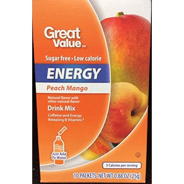 Great Value Sugar Free Low Calorie ENERGY Peach Mango Drink Mix with Caffeine - Naturally Flavored with Other Natural Flavors (Pack of 2)