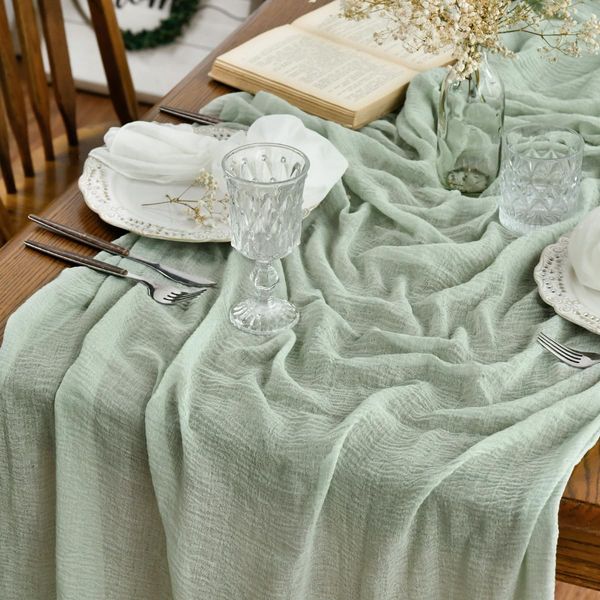 Artoid Mode Boho Sage Green Gauze Wedding Cheesecloth Table Runner, Seasonal Fabric Kitchen Dining Holiday Table Decor for Home Party 90x300 cm