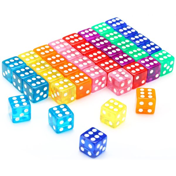 40pcs 6-Sided Game Dice Set Standard Game Dice for Broad Game Math Teaching Translucent Acrylic Game Dice with 8 Colors (5pcs/Set)