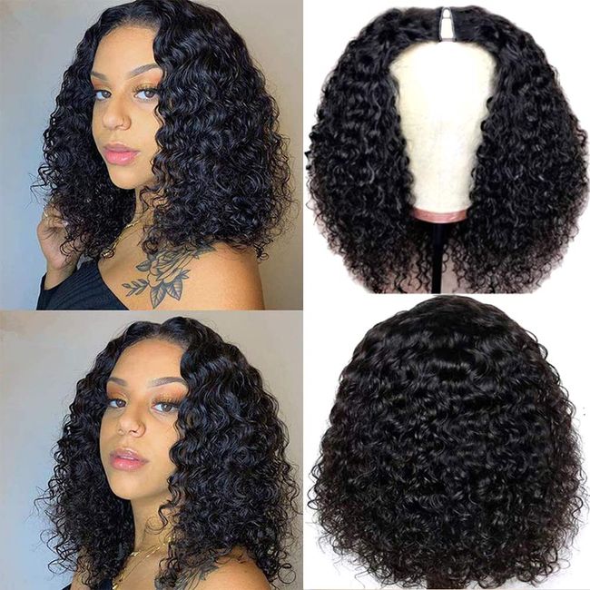 Amznlady Curly Pixie Cut Wig Human Hair Wigs V Part Human Hair Wig No Leave Out Brazilian Human Hair Wig For Black Women Curly Bob Wig Upgrade U Part Wig NO Glueless 180% Density Natural Black 12 Inch