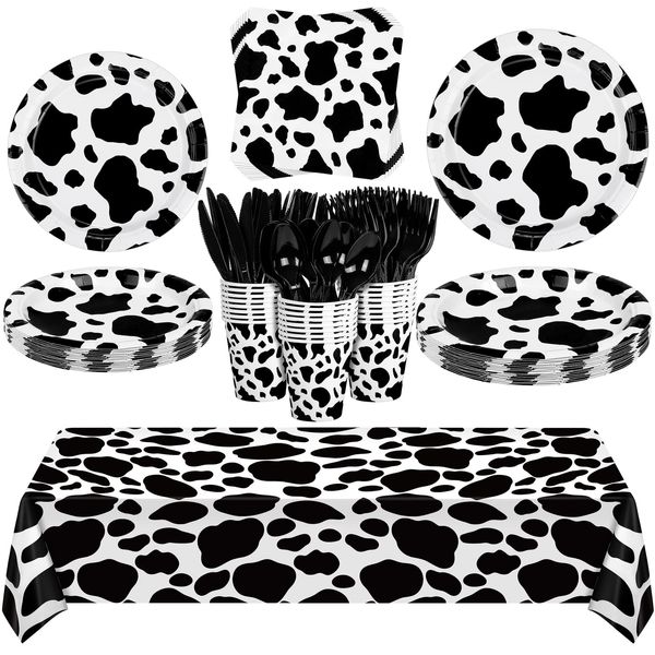 durony 169 Pieces Cow Print Party Tableware Serves 24 Include Party Plates Spoons Forks Knife Cups Napkins Cow Print Farm Animal Birthday Supplies for Baby Shower Farm Cow Themed Decorations