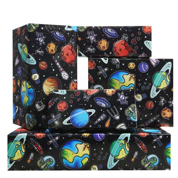 Outer Space Wrapping Paper, Planets In Space Birthday Wrapping Paper For Kids Girls Boys, 4 Sheets Colored Planets Astronauts Rockets Satellites Probes Pattern In Black Paper