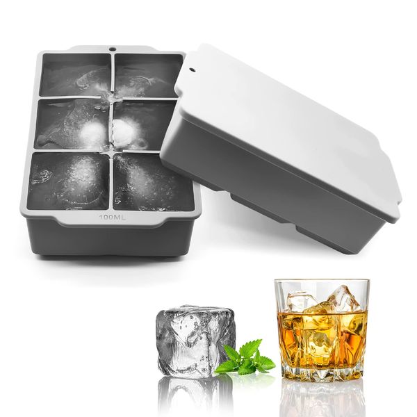 YOUSHY Food Grade Silicone Ice Cube Tray with Lid, Ice Making Container, Ice Cube, Ice Maker, Large Ice Maker, Square 2.0 inches (5 cm), Ice Tray (Gray, 2 Pack)