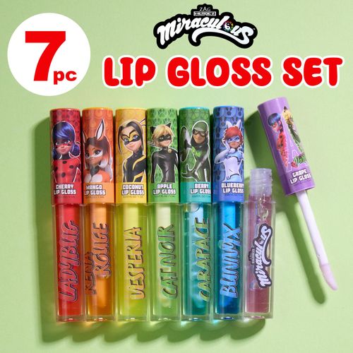 Miraculous 7pc Lip Gloss Set - Zag Heroez Lipgloss Collection Featuring Exciting Fruit Flavors & Precision Applicator Lip Gloss Tubes With Wand