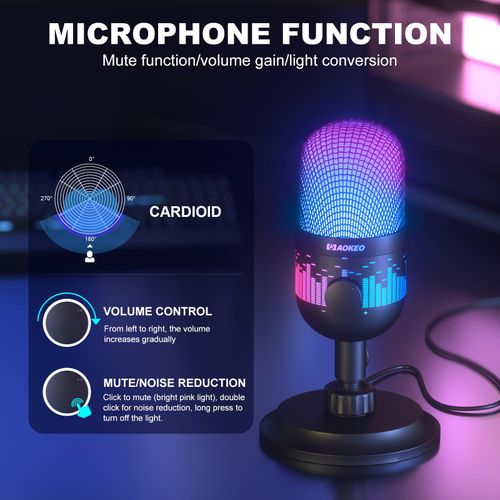 Aokeo USB Gaming Microphone, Condenser Microphone for PC/MAC/PS4/PS5/Phone-Cardioid Mic with RGB Lighting