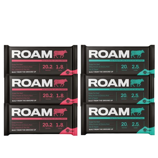 ROAM Natural Protein Bars, Meal Replacement Keto Bars, 6 x 45g Beef Bar & Healthy Snacks, Ideal For Carnivore Diet, Gluten Free Keto Sticks (Assorted savoury, 6 x 45g Bars)