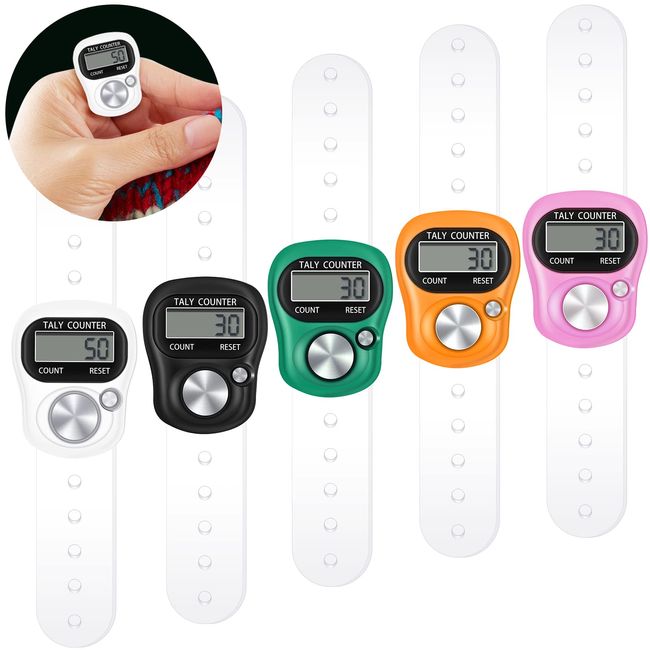 5 Stück Digitaler Fingerzähler Mini Elektronischer Reihenzähler Kunststoff LED Finger Klicker Handheld Tally Zähler Manueller Fingerzähler für Muslimische Sport Golf Schlagzähler, 5 Farben