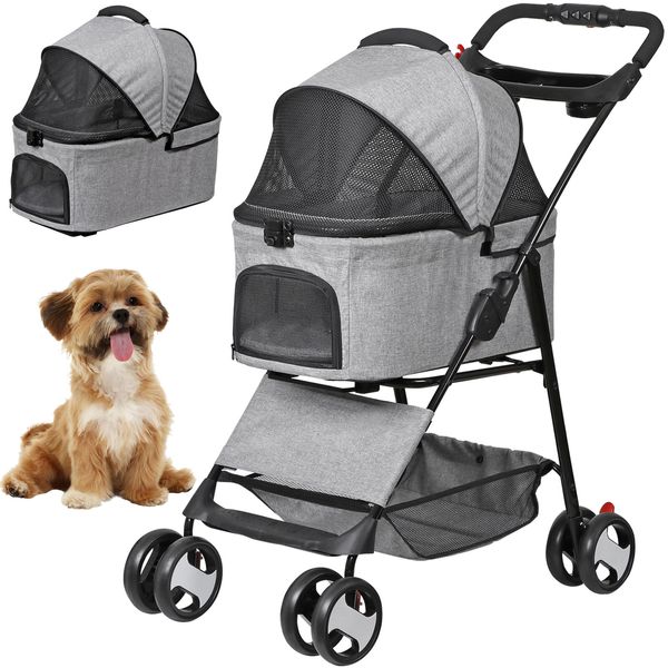 Folding Pet Stroller Cat Dog Carrier Cart w/Detachable Storage Basket Cup Holder