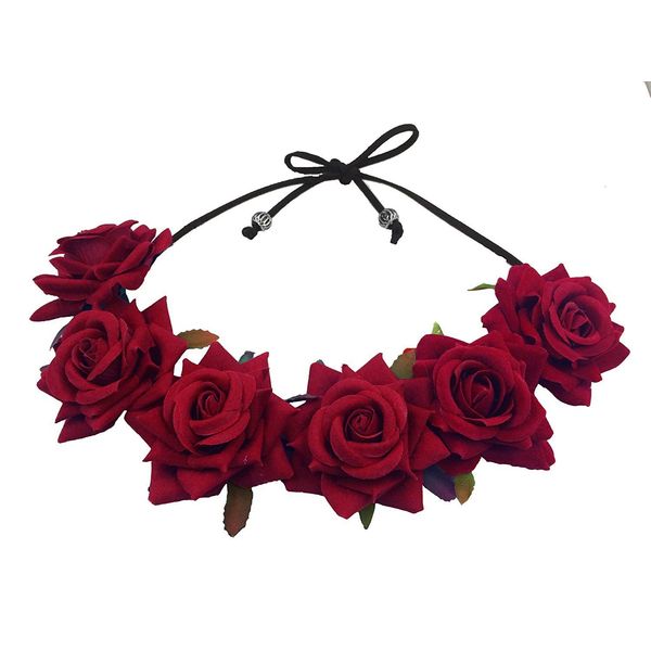 Floral Fall Rose Red Rose Flower Crown Woodland Hair Wreath Festival Headband F-67 (Black)