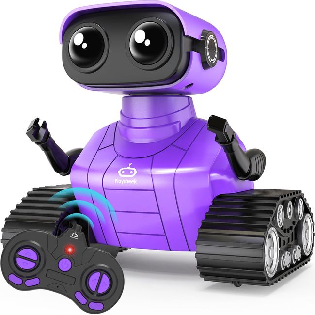 Playsheek Rechargeable Emo Robot with Auto-Demonstration - Remote Control Smart Robot Toy Gift for Kids Age 3+ - Purple