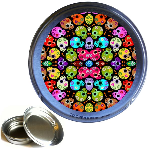 TEEZ - Candy Skull Pattern 50ml/1oz Round Silver Tobacco Tin,Pill Tin,Keepsake