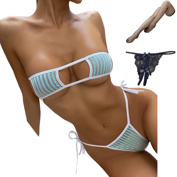 OLYOLY Ultra Thin (4-Piece Set) Sheer Ultra Small Micro Bikini, Large Size, Extreme, Cosplay Underwear, Brazilian Eyepatch Bra, String Pans, Sexy Lingerie, Swimsuit, Knee High, Thong Included (03, Sky Blue x White)