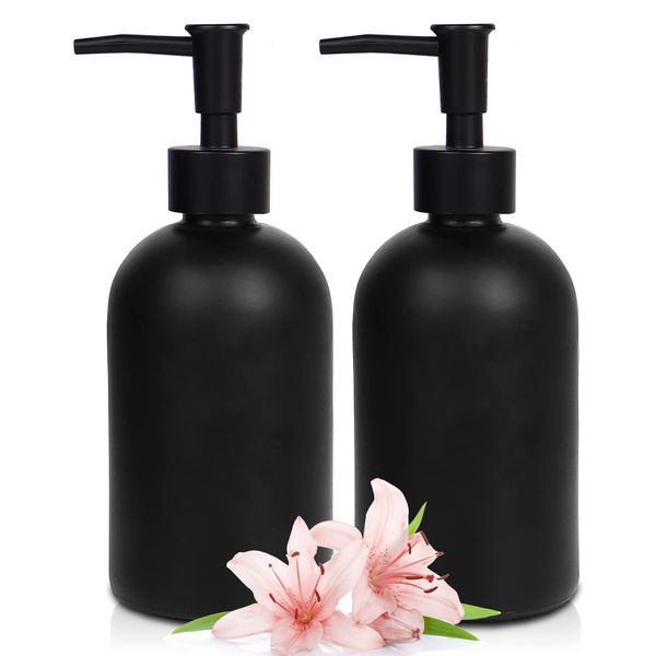 2 Pack Glass Soap Dispensers, 410 ML/14.5oz Pump Bottle Dispenser, Refillable Hand Soap Dispenser Bottle for Kitchen, Bathroom, Laundry Room (2 PCS Black)