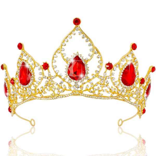 AHONEY Queen of Hearts Crown Gold Tiara for Women, Red Crown Crystal Royal Queen Crown Rhinestone Quinceanera Gothic Crown for Birthday Prom Halloween Party