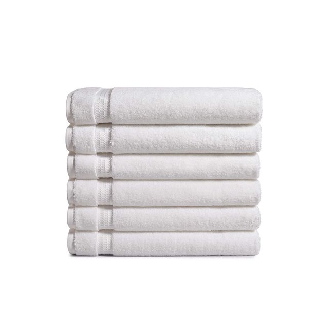 AmazonCommercial Cotton Bath Towel Set, Pack of 6, 650 GSM, White, 54" x 27"