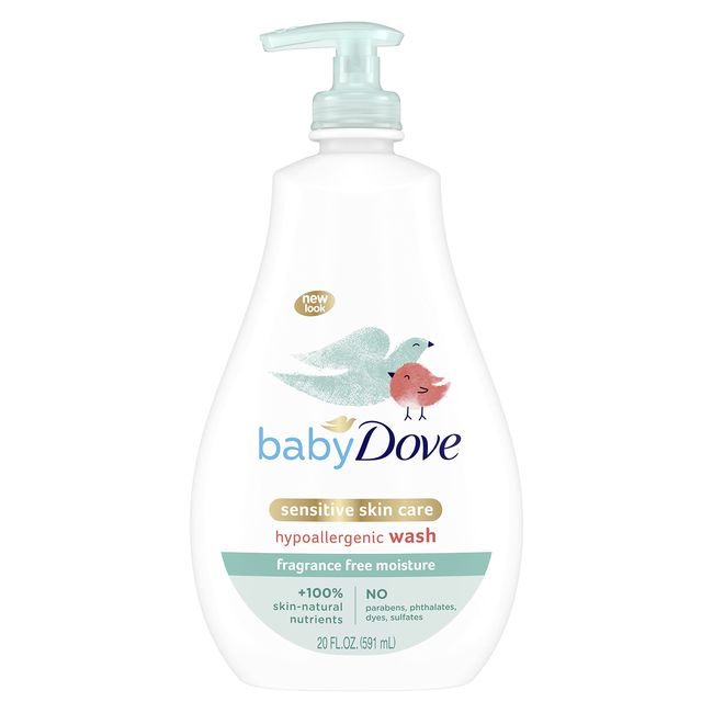 Baby Dove Sensitive Skin Care Baby Wash For Baby Bath Time Fragrance Free Moisture Fragrance Free and Hypoallergenic, Washes Away Bacteria 20 oz