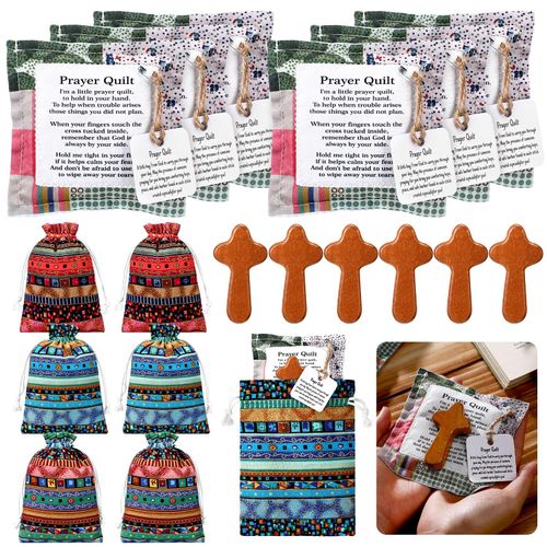 Breling 18 Pcs Prayer Quilt Set with Cross and Drawstring Bag Inside Handmade Pocket Prayer Quilt Christian Gifts for Women Mini Scripture Quilts for Friends Father Family Pastor Appreciation Gifts