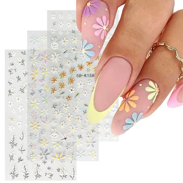 SURALIN 6PCS Adesivi per Unghie, Nail Form Adesivi per Nail Art Adesivi Rilievo Tridimensionale Piccolo Crisantemo Zou Adesivi Unghie Art fai-da-te