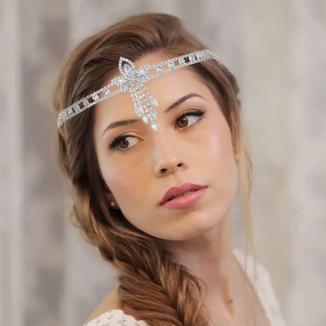 IYOU Boho Strass Stirnband Silber Kristall Kopfkette Vintage Braut Kopfbedeckung Haarschmuck für Frauen Gatsby Party