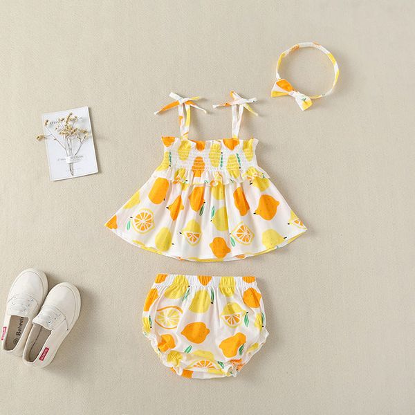 Baby Girl Lemon Fruit Print Sleeveless Dress Combo Short Pants In Sets - 66 (3-6M) / Yellow